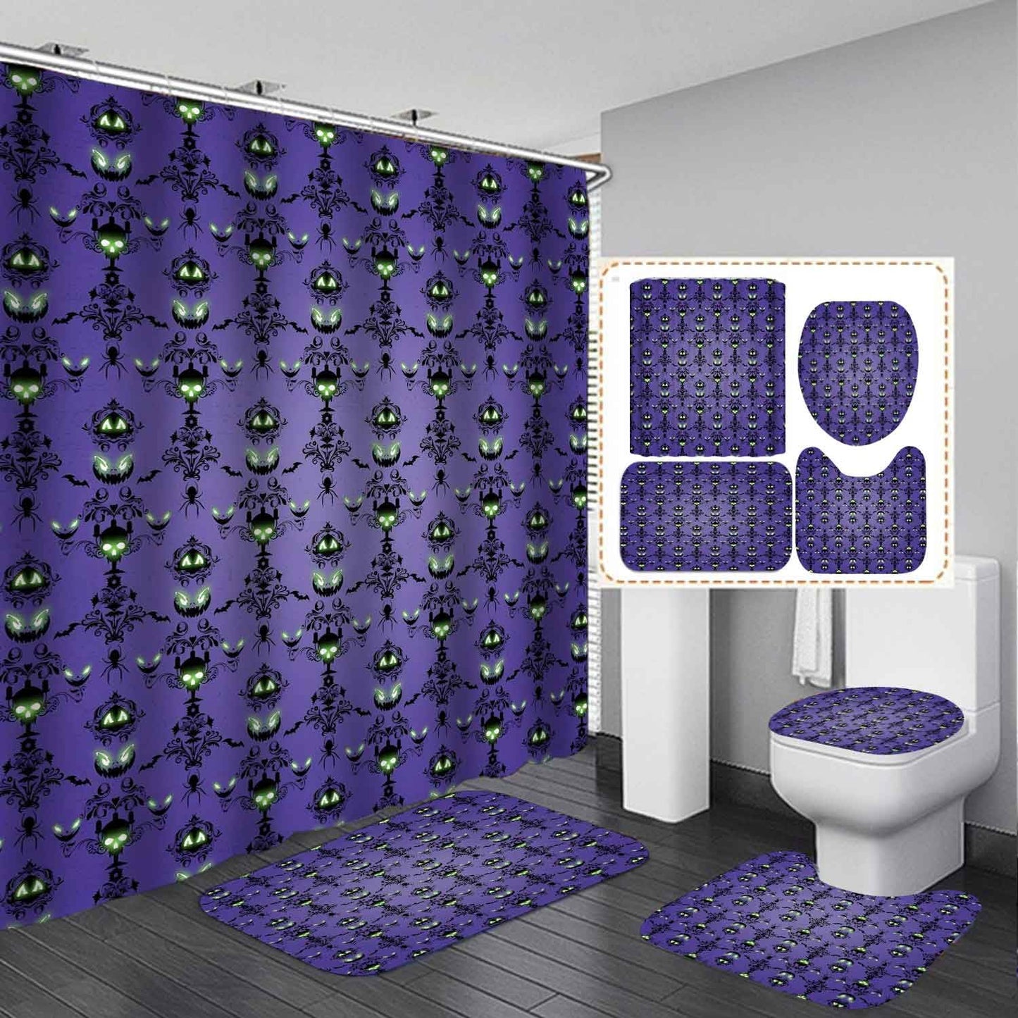 OLEBETY 4PCS Halloween Shower Curtain Set, Waterproof Fabric Purple Shower Curtain, Non-Slip Bath Mat Bathroom Rugs, Skull Spooky Pumpkin Black Floral Bat Spider Haunted House Mansion Bathroom Decor