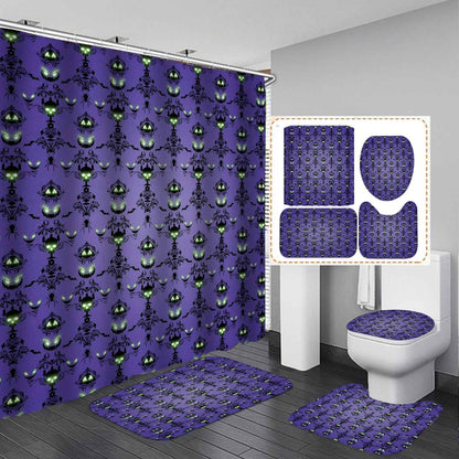 OLEBETY 4PCS Halloween Shower Curtain Set, Waterproof Fabric Purple Shower Curtain, Non-Slip Bath Mat Bathroom Rugs, Skull Spooky Pumpkin Black Floral Bat Spider Haunted House Mansion Bathroom Decor