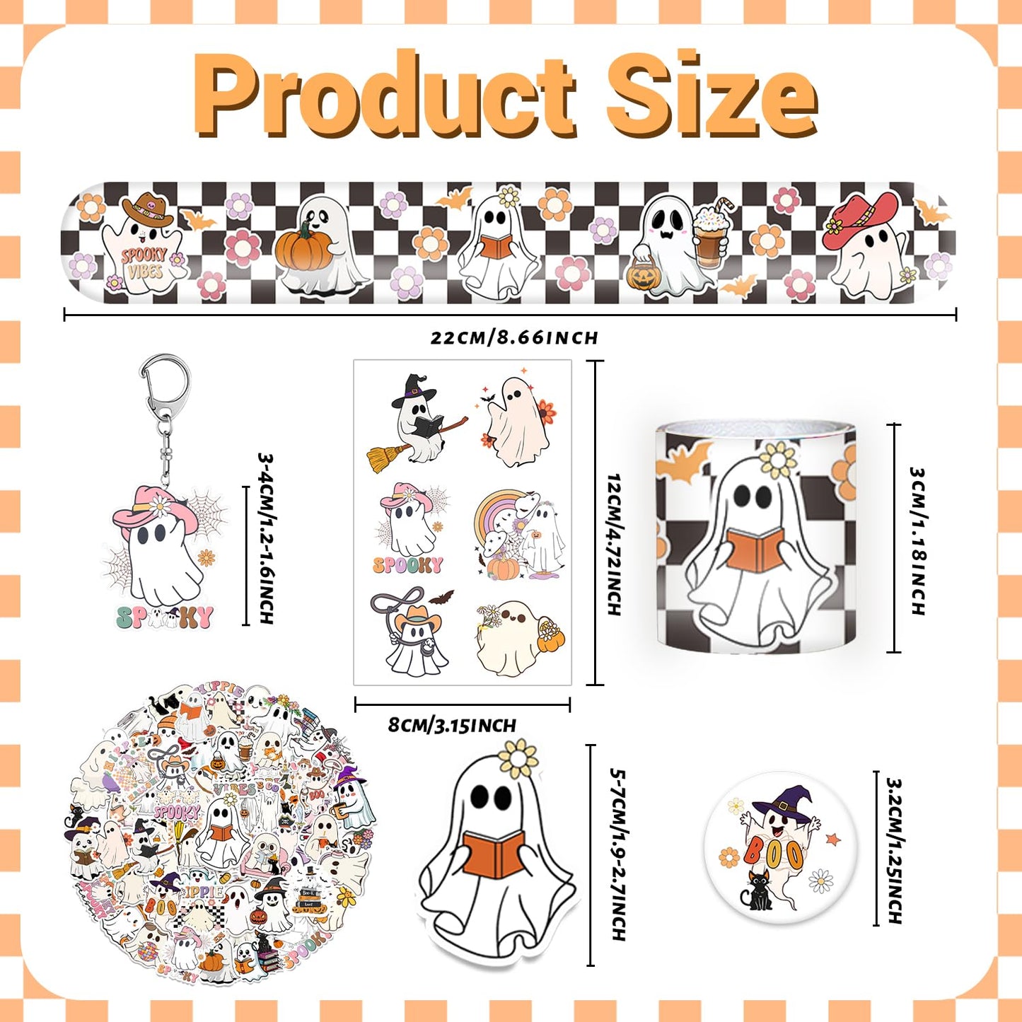 YYMYMGJ 108 PCS Halloween Ghost Party Favors, Cute Ghost Temporary Tattoos Slap Bracelets Stickers Keychains Badges for Halloween Ghost Birthday Party Decorations Supplies
