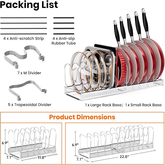 MUDEELA Pot Rack - Expandable Pots and Pans Organizer under Cabinet, Pot Lid Organizer Holder with 12 Adjustable Compartment, Kitchen Cabinet Organizer and Storage for Cutting Board, Skillets Pan