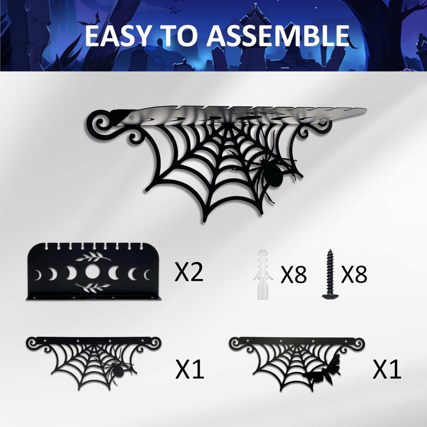2 Pcs Gothic Metal Spiderweb Shelves - Goth Decor Shelf for Crystal Display, Black Witchy Style Spider & Luna Moth Floating Shelves - Halloween Wall Hanging Shelf - Spooky Home Decor for Room