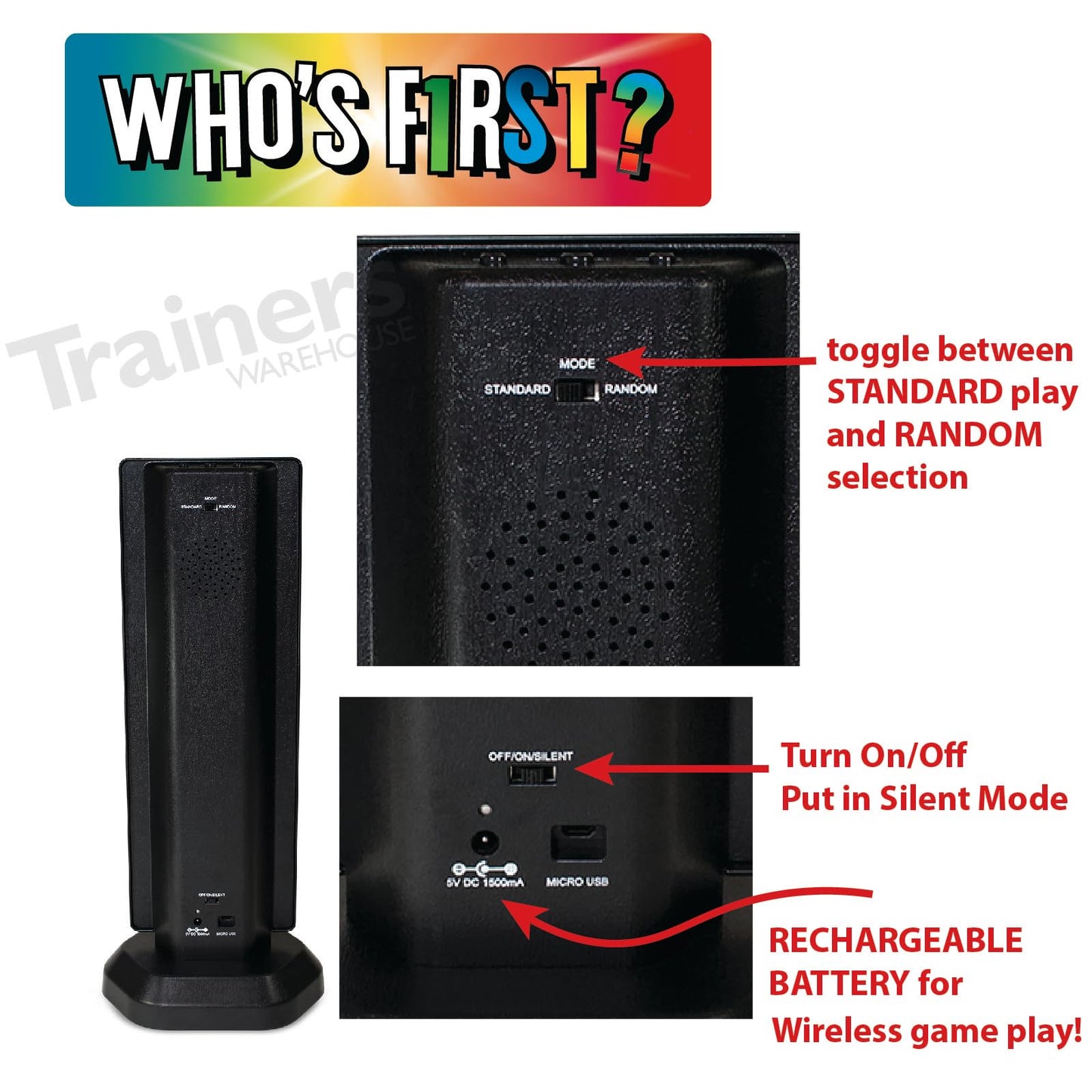 Trainers Warehouse Who's First? v3 Wireless Game 6 Buzzer System | Foster Gameshow Excitement in The Classroom - Includes Light Tower & USB Port & Randomizer | Make Trivia and quizzes Fun!