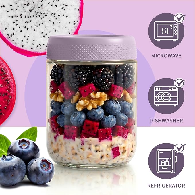 16 oz Mason Jars, Overnight Oats Containers with Lids for Yogurt, Glass Jar with Lid, Parfait Cups with Airtight Lids, Glass Jars for Overnight Oats, Storage, Food, Chia, Pudding, 6 Pack
