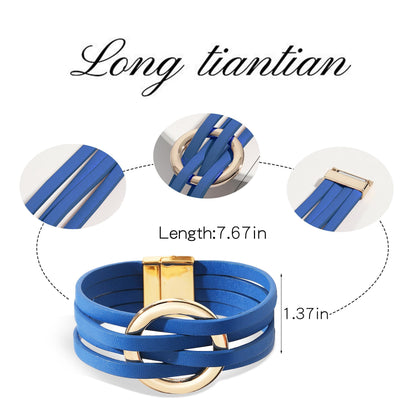 Long tiantian Leather Cuff Wrap Bracelet Blue Bracelets for Women Circle Charm Bangle Boho Multilayer Stackable Jewelry