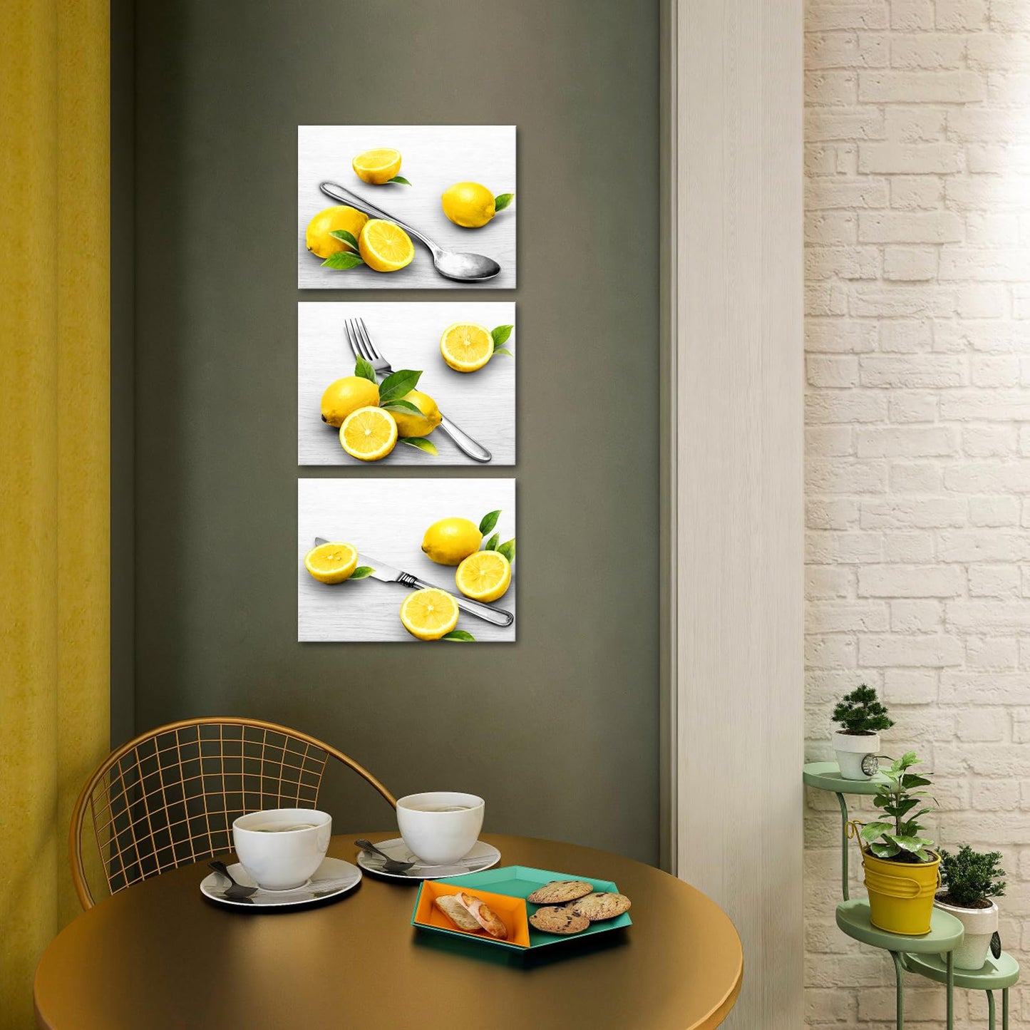 Biuteawal Grey and Yellow Kitchen Wall Art Fruit Lemon Painting with Fork Knife Spoon Kitchenware Picture Prints Dining Room Restaurant Decoration Framed