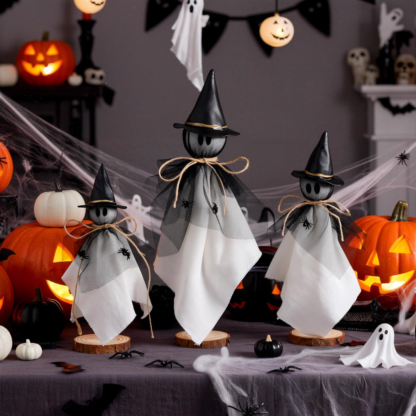 AceOrbit Halloween Decorations Indoor Ghost Set of 3 Sizes Primitive Ghost Wooden Stand Rustic with Witch Hat Spider Fabric Figure Shelf Sitters Table Centerpieces Tiered Tray Halloween Party Supply