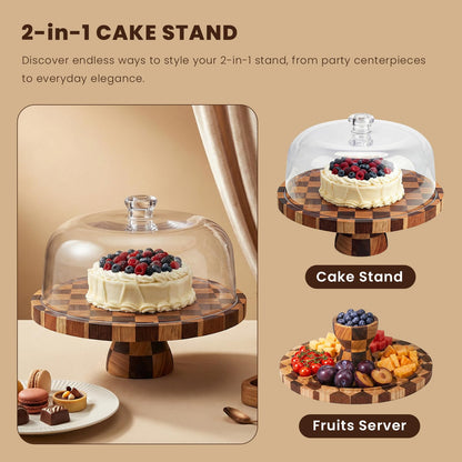 Metflavor Cake Stand with Dome Lid - 12in Wooden Cake Stand with Shatterproof Acrylic Dome, 2-in-1 Dessert Display & Charcuterie Board, Checkered Platter for Serving Cupcakes, Cheese and Fruits