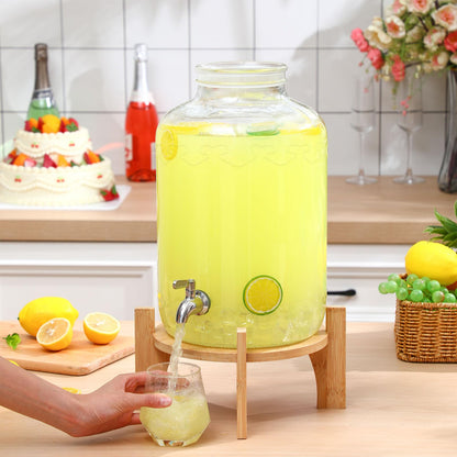 FillTouch 3 Gallon Drink Dispenser with Stand Glass Beverage Dispenser Drink Dispensers with Lid 18/8 Stainless Steel Spigot for Picnics, BBQ, Parties and Daily(Classic Style,Wood Stand)
