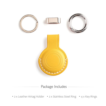 2 Pack LQU Genuine Leather Keychain Holder Compatible with Airtag, Secure Air Tag Keychain Holder Case Cover Key Chain Ring Accessories for Air Tag - Yellow V2.0