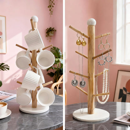 SNAIL GARDEN Screwed-in 8 Hooks Coffee Mug Holder, Marble Bas Mug Tree with Ceramic Handles, Wooden Coffee Cup Rack, Cup Stand for Counter Bar Accessories and Decor