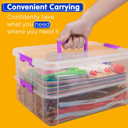 TERGOO 2 Layer Plastic Storage Containers with Lids, Multipurpose Clear Stack & Carry Box, Portable Craft Organizers and Storage Bin for Organizing Art & Craft, Sewing, Makeup, Nail Supplies (Purple)