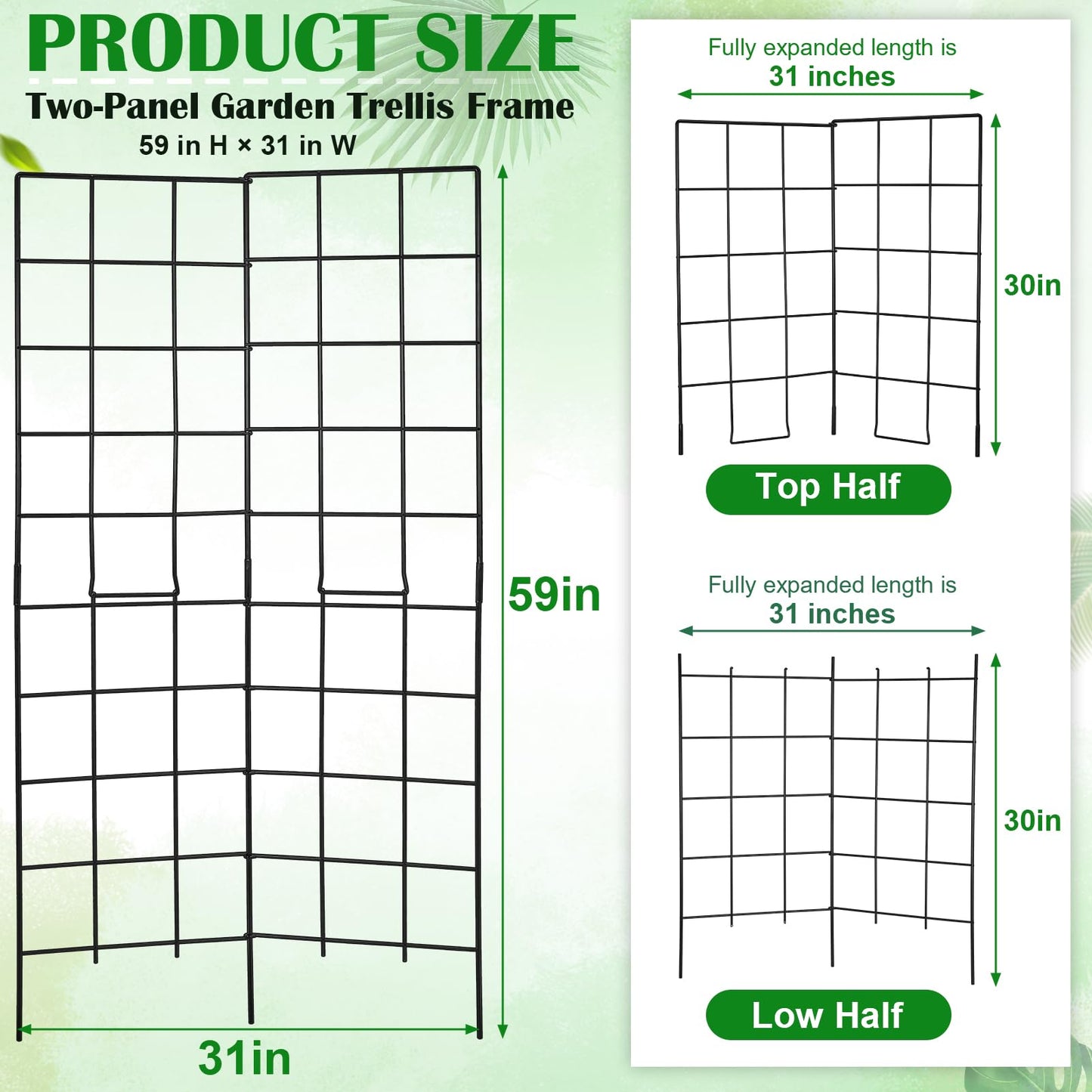 59" H x 31" L Foldable Garden Support Frame, Two Panel Metal Trellis Frame for Raised Beds, Outdoor Support Frame for Garden Beds, Yards