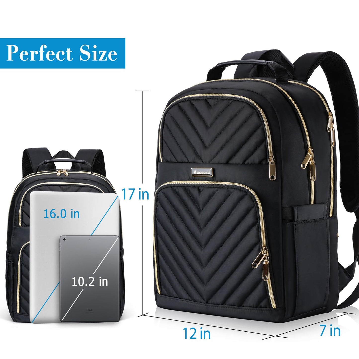 Kuosdaz Laptop Backpack for Women, School Backpack for Teen Girls, 15.6 Inch Quilted Work Backpack Purse, Large Anti-theft Bookbag for Students, Casual Daypacks for Women,Black