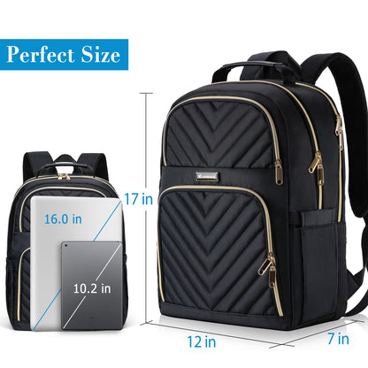 Kuosdaz Laptop Backpack for Women, School Backpack for Teen Girls, 15.6 Inch Quilted Work Backpack Purse, Large Anti-theft Bookbag for Students, Casual Daypacks for Women,Black