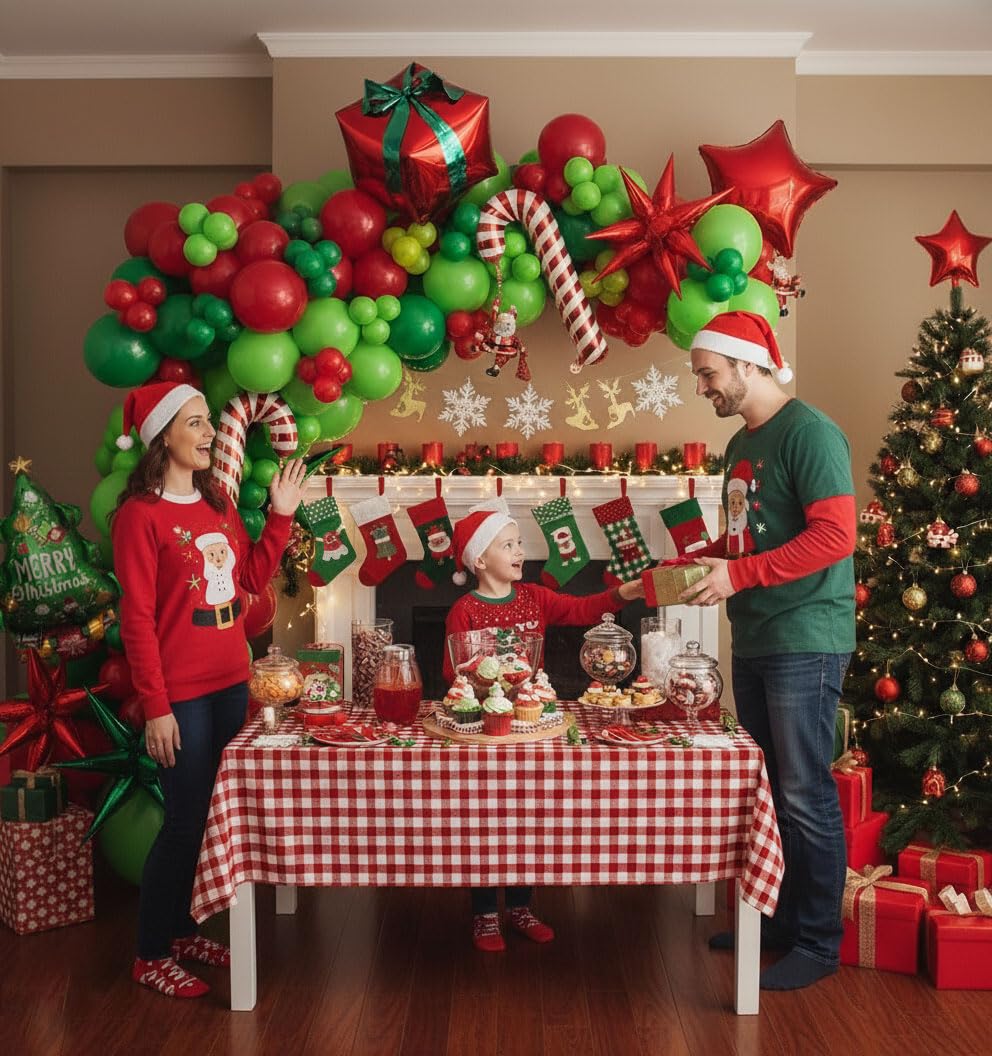 yeewaka Christmas Balloon Garland Arch Kit130+pcs Xmas Red Green Balloons with candy cane Christmas tree gift box Balloons for Kids Grinchmas Party Naughty Christmas Birthday Decorations