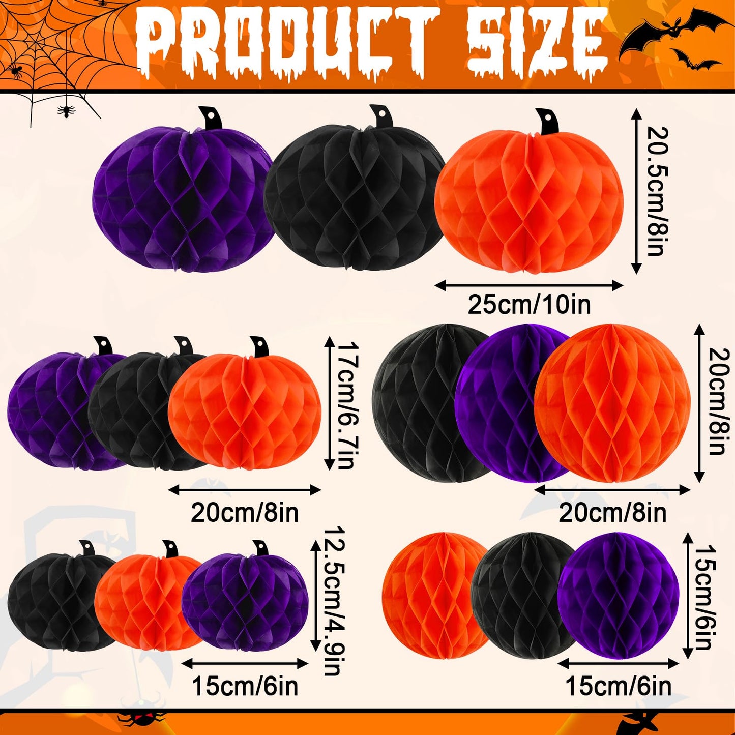 BOARDFEB 15Pcs Halloween Honeycomb Decorations, Orange Purple Black Pumpkin Paper Honeycomb Balls Halloween Hanging Ornaments for Party Favor Supplies