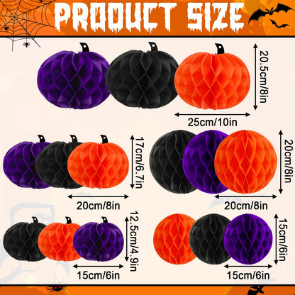 BOARDFEB 15Pcs Halloween Honeycomb Decorations, Orange Purple Black Pumpkin Paper Honeycomb Balls Halloween Hanging Ornaments for Party Favor Supplies