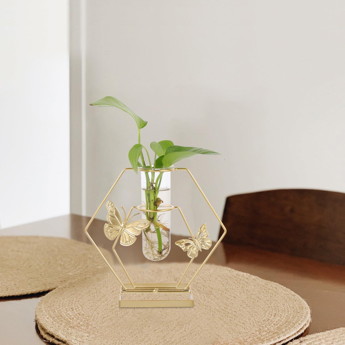 OSALADI Metal Framed Glass Plant Terrarium Vase with Butterfly Pattern, Hexagonal Decorative Flower Holder for Desktop Home Décor and Tabletop Display