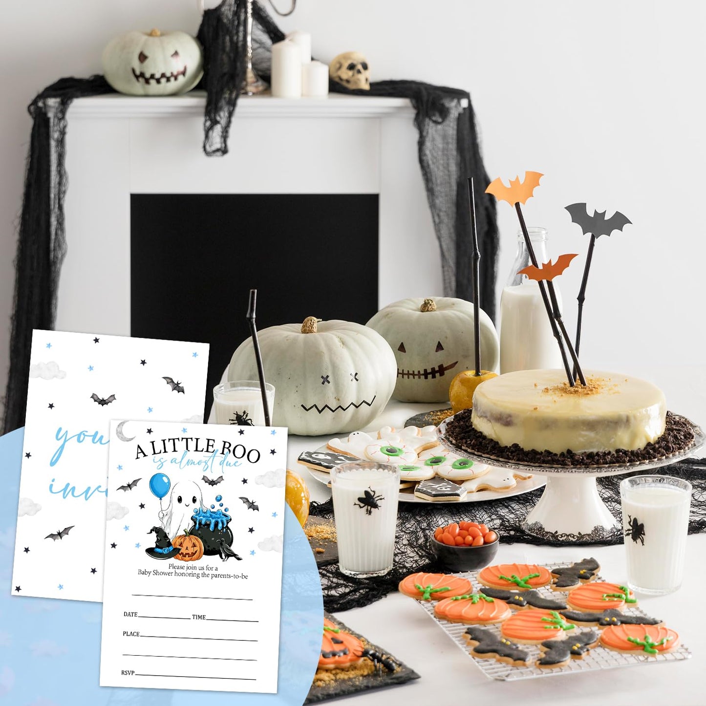 Smenudlli Blue A Little Boo Baby Shower Invitation, Halloween Invites Cards with Envelopes and Sticker (20 Pack), Cute Ghost Gender Reveal Party Decorations Supplies /22