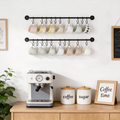 Mkono Mug Holder Wall Mounted Coffee Cup Rack Hanger Modern Metal with 20 Mug Hooks Rustic Utensil Tea Cups Storage Organizer for Kitchen Dining Room Coffee Bar, Set of 2, Black