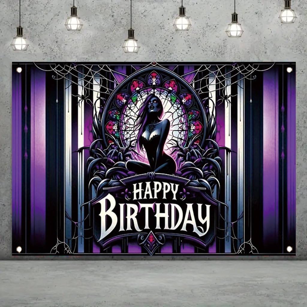 Tomhong Gothic Birthday Banner 71x43 Inch Purple Spider Web Stained Glass Halloween Theme for Gothic Party Decor Wall Hanging