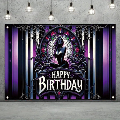Tomhong Gothic Birthday Banner 71x43 Inch Purple Spider Web Stained Glass Halloween Theme for Gothic Party Decor Wall Hanging