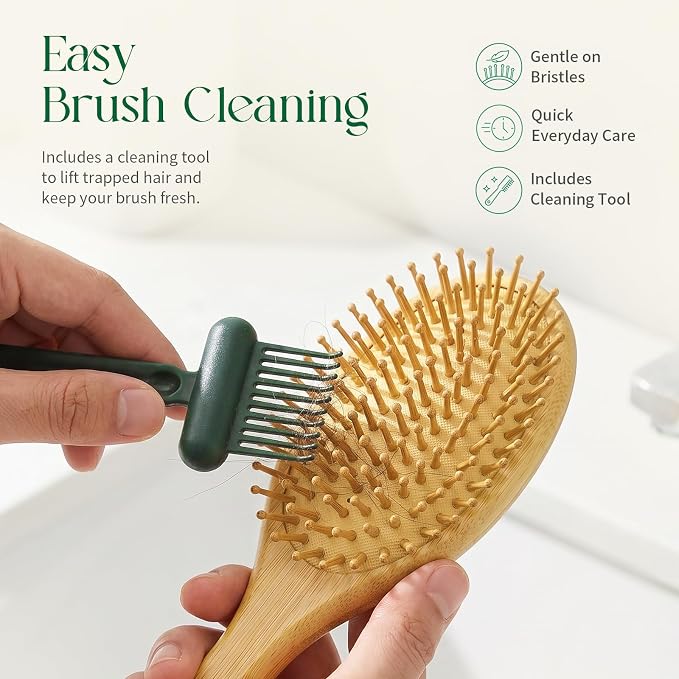 Bamboo Hair Brush - Natural Wooden Paddle Brush for Women & Men, Rounded Bamboo Bristles for Scalp Massage & Detangling, Gentle Hairbrush for All Hair Types