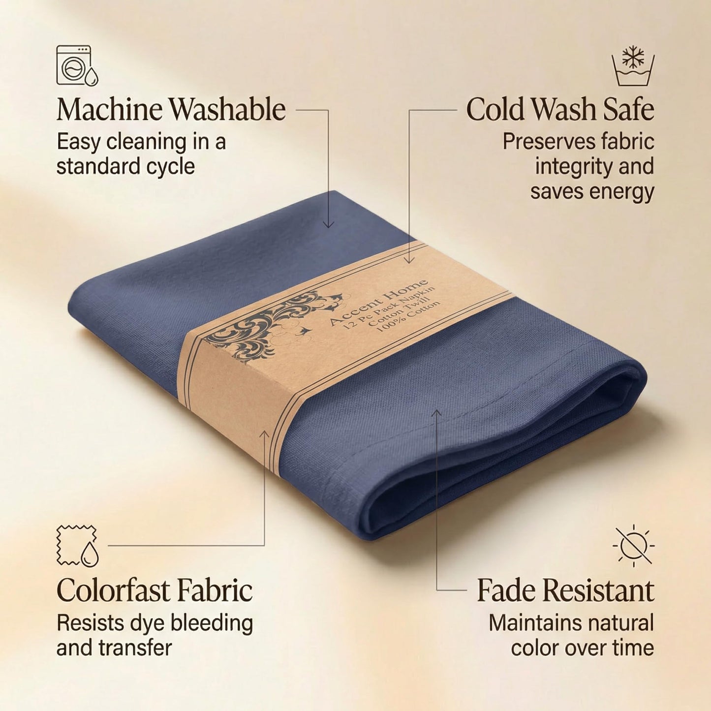 ACCENTHOME Accent Home 100% Cotton Napkins, Delicate Cloth Napkins for Dinners, Parties and Weddings，18 x 18 Inch Set of 12 - Navy
