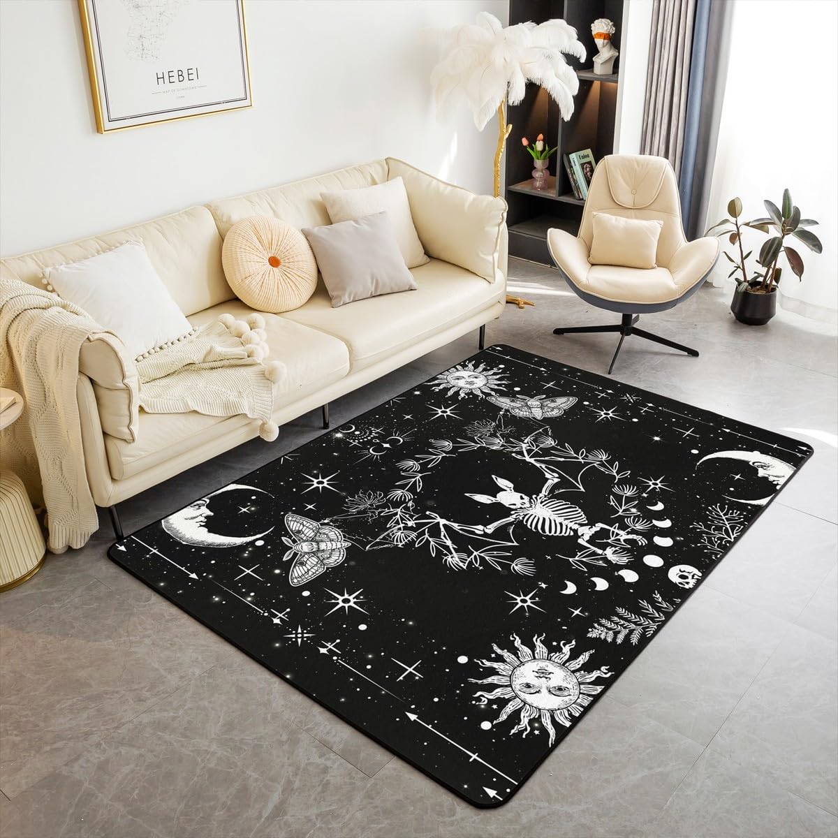 Castle Fairy Gothic Bat Area Rug 5x6'6''x0.39'' for Bedside,Halloween Skull Boho Sun Moon Home Mat for Playroom Office,Rustic Botanical Leaves Indoor Floor Area Rugs Washable Rug