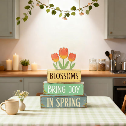Spring Decoration Wooden Tiered Tray Decor – Tulip Blossoms Spring Stacked Block Sign with Floral Accent – Farmhouse Tabletop Spring Decor for Shelf Mantel Seasonal Home Display