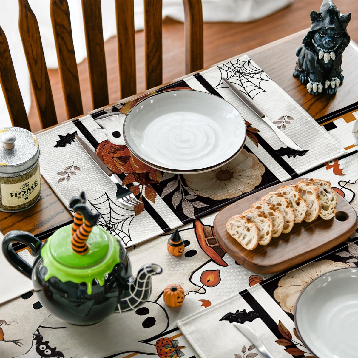 Artoid Mode Spider Web Ghost Spooky Halloween Placemats Set of 6, 12x18 Inch Stripes Seasonal Table Mats for Party Kitchen Dining Decoration