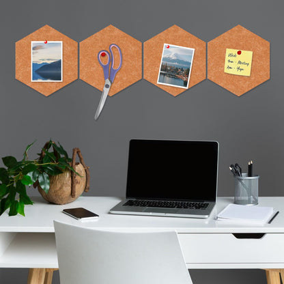 8 Packs Bronze Hexagon Felt Pin Board, 12" Bulletin Board with 30 Push Pins, Felt Board for Home Kitchen Office Decor, Self-Adhesive Corkboard Tiles for Walls Message Photos Memos Display