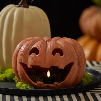 Luminara Jack-o'-Lantern Pumpkin Tealight Holder - Orange 10" x 6.75" - Halloween Dry Brush Resin Fall Home Autumn Harvest Festival Party Decor