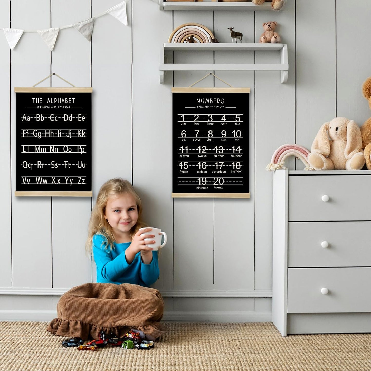Alphabet and Numbers Wall Chart Set of 2,Toddlers Educational Canvas Print Posters,Alphabet and 1-20 Number Learning Banners for Toddlers, Preschool Classroom, Nursery, Playroom,Kids Room Decor14 x 18.5 In(Black and white)