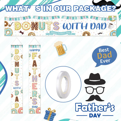 Fanfanwin 3 Pcs Happy Father's Day Banner Donuts with Dad Decorations Donuts Sprinkles Father Day Decor I Love Best Dad Ever Background Thank You Appreciation Party Supplies for Door Yard Decor