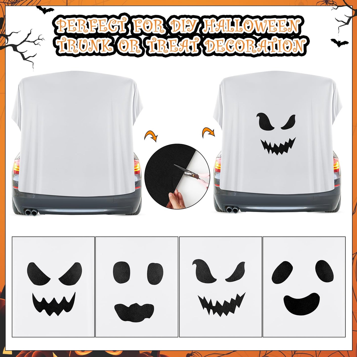 VitalCozy 5 Pcs Halloween Ghost Trunk or Treat Decoration Set DIY Ghost Face Backdrop Kit for Car Archway Trunk Exterior Halloween Outdoor Party Supplies Decor