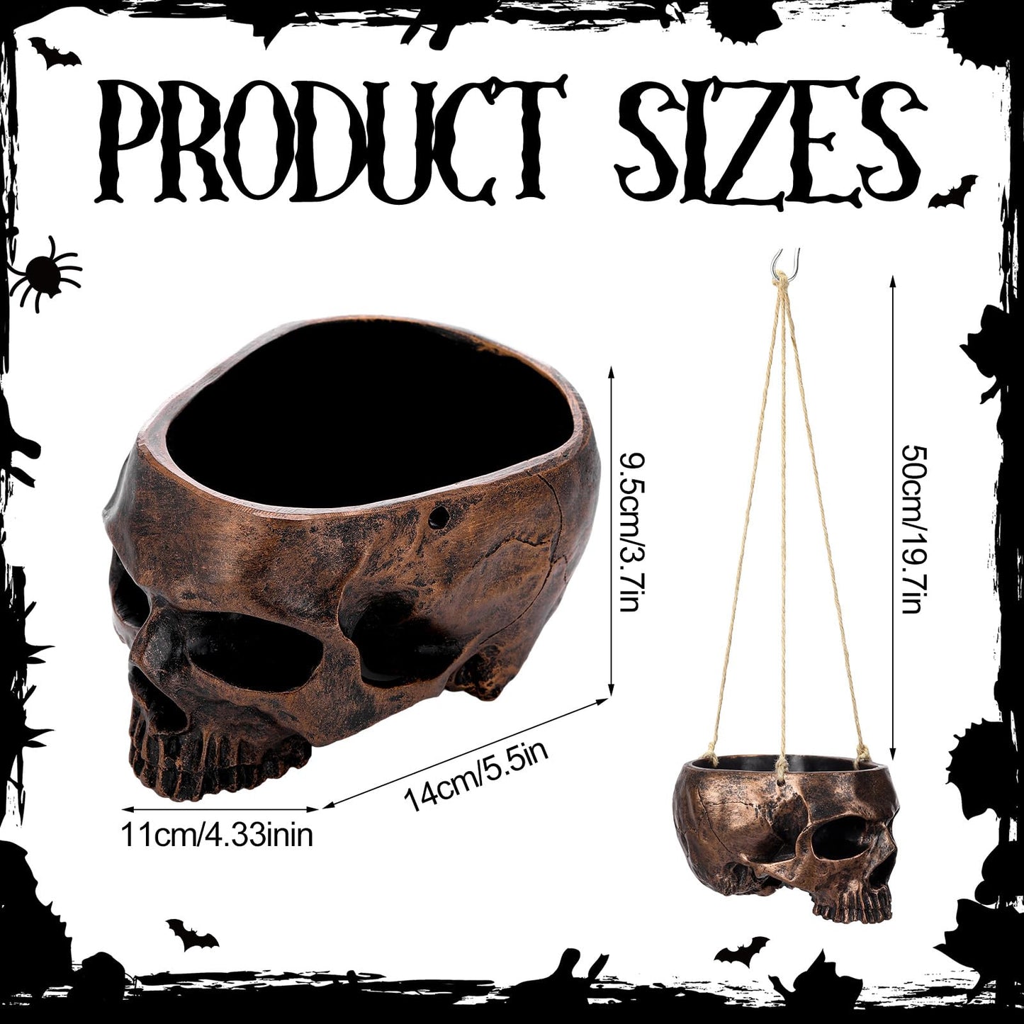 Romooa 2 Pack Hanging Skull Planter Pot with Ropes Gothic Skeleton Plant Pot Skull Candy Bowl for Succulent Plants Flowers Horror Head Wall Decoration (Bronze)