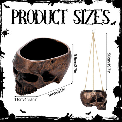Romooa 2 Pack Hanging Skull Planter Pot with Ropes Gothic Skeleton Plant Pot Skull Candy Bowl for Succulent Plants Flowers Horror Head Wall Decoration (Bronze)