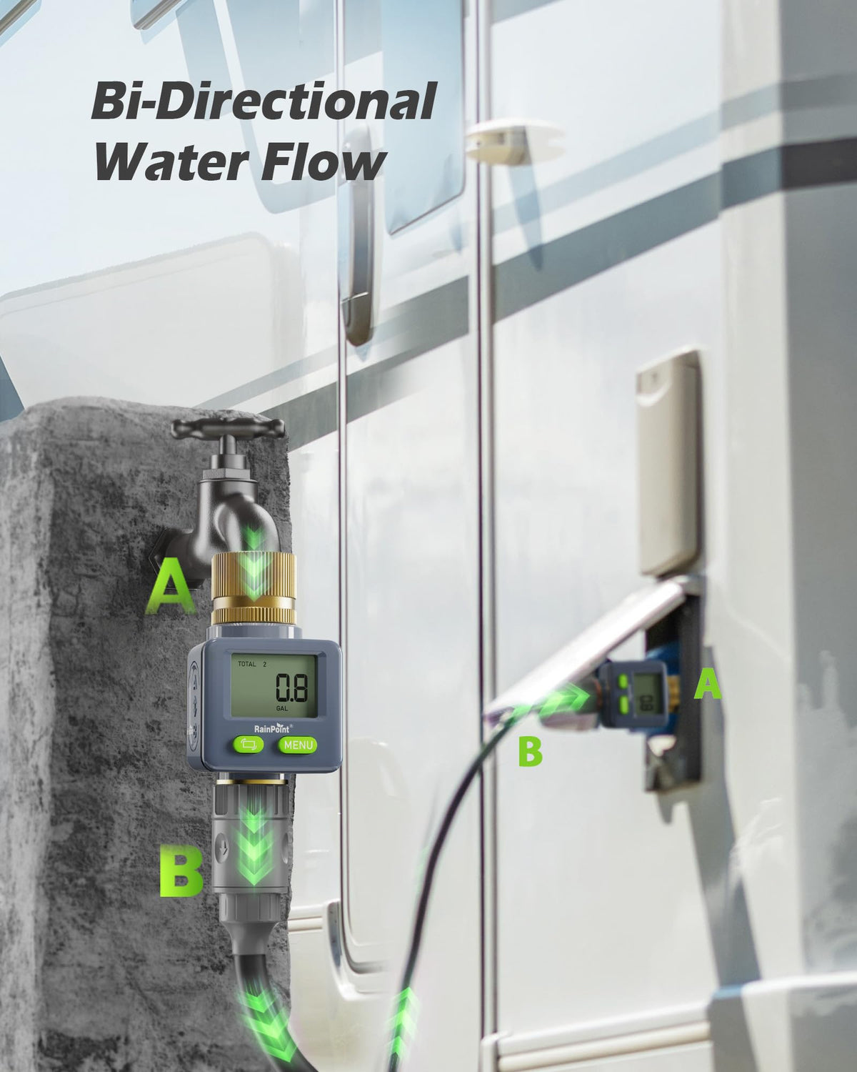 RAINPOINT Water Flow Meter with Brass Inlet & Outlet, 180° Screen-Flip Water Meter, Measure Gallon/Liter Consumption for RV Filling, Garden Watering, Sprinkler and Hoze Nozzle
