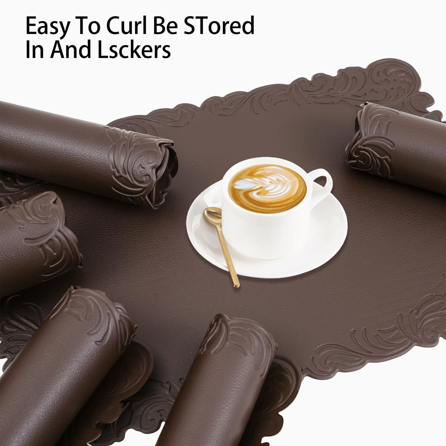 Royannie Placemats Indoor Set of 6,Brown Faux Leather Embossing