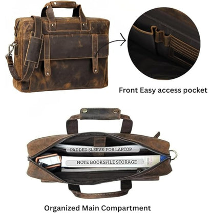 HULSH Genuine Leather briefcases for men 17 inches computer bag for mens | Laptop bag, Work bag, Business and Office Bag (Brown)
