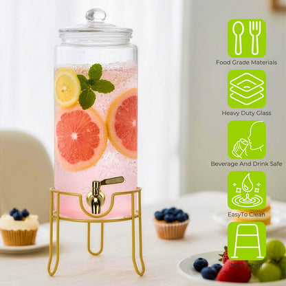 Glass Drink Dispensers For Parties, 1.5 Gallon Beverage Dispenser With Glass Airtight Lids, Gold Metal Stand And Stainless Steel Spigot. Lemonade & Juice Dispenser With Chalk board-One Pack