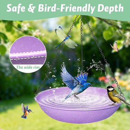 Hanging Bird Bath for Outdoors,Metal Birdbath Bowl with Magnetic Dragonfly Decor Garden Bird Feeder & Water Basin for Backyard,Patio,Decoration,11 Inch Purple Speckled