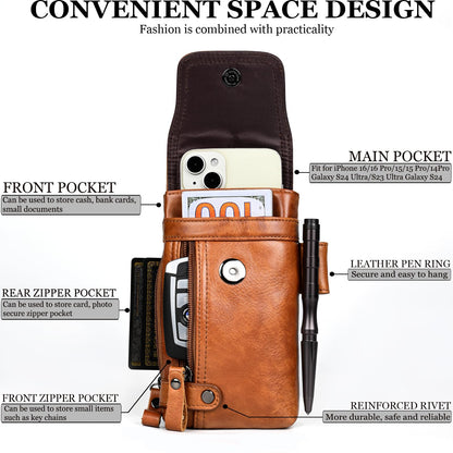 Ariscobull - Leather Phone Holster - Genuine Full-Grain Buffalo Leather Cell Phone Holsters - for iPhone 16, 15, 14, 13pro, Galaxy S24, S23, S22-7”H X 3.5" W (Coffee)