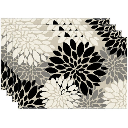 Grey Black White Dahlia Floral Placemats Set of 4, 12x18 Inch Waterproof Stain Resistant Linen Table Placemats Farmhouse Kitchen Party Decor Home Décor