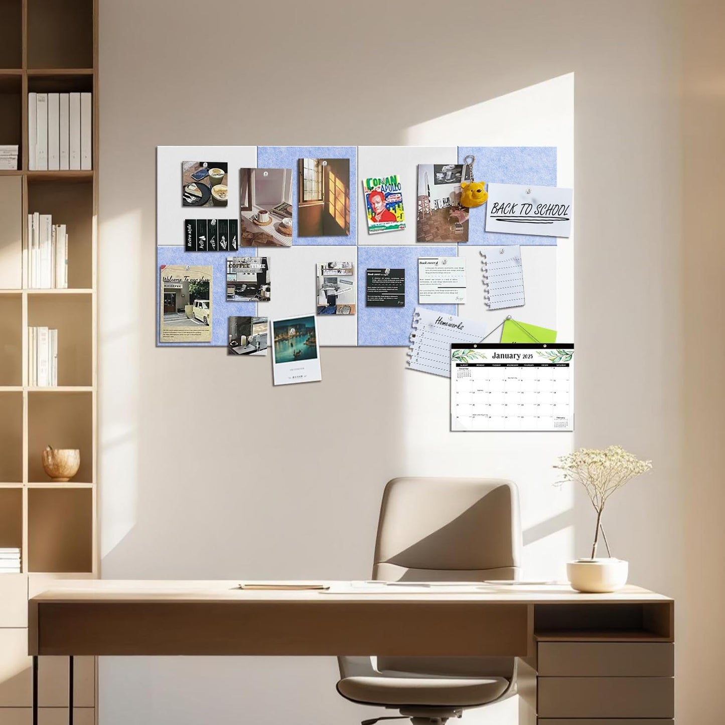 TSJOFFICE Large Cork Board for Wall - 48" x 24" Bulletin Board with 30 Pushpins for Office Decor, Pin Board 8 Pack Felt Tiles with Safe Removable Adhesive Tabs, Corkboard for Home - Light Blue & White