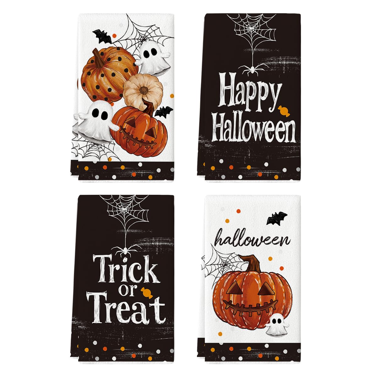 Artoid Mode Black Polka Dot Pumpkin Ghost Halloween Kitchen Towels Dish Towels, 18x26 Inch Farmhouse Bat Cobweb Decoration Hand Towels Set of 4