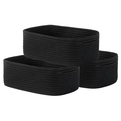 Small Woven Basket, 12 x 8 x 4.5 Inches, Storage Basket for Organizing, Cute Small Rope Shelf Closet Cube Storage Bins Baskets for Shelves, Dog Toy Gift Baskets Empty, 3 Packs, Black