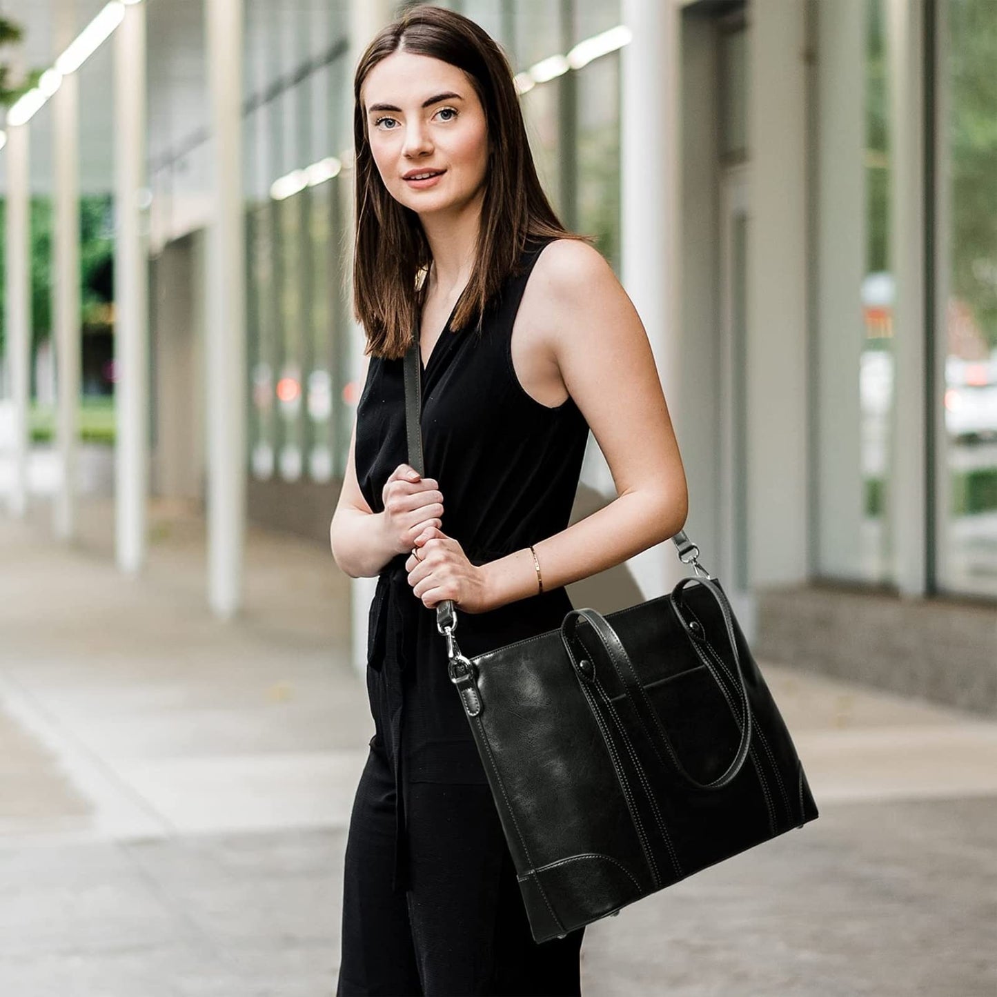 S-ZONE Leather Tote Bag for Women Office Shoulder Handbag 15.6 Inch Work Laptop Briefcase (Black)
