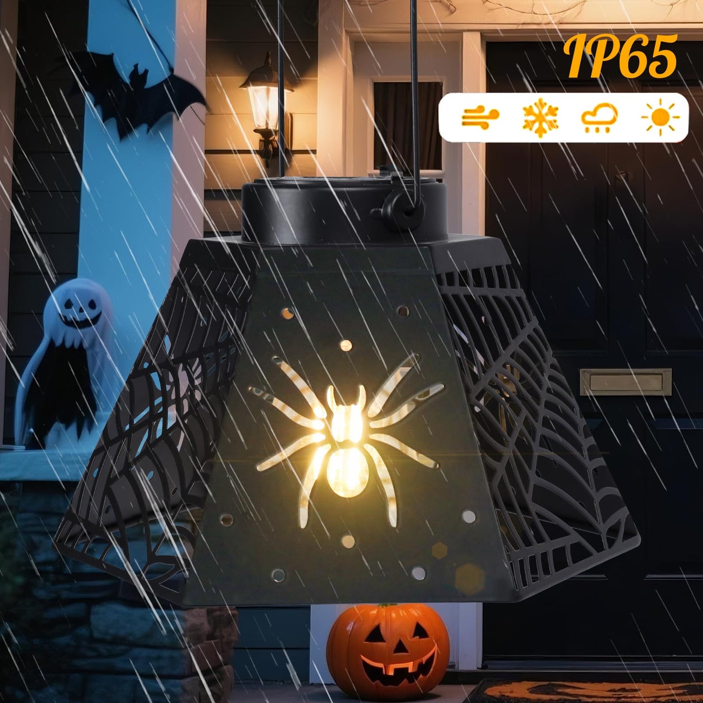 2 Pack Halloween Solar Lantern with Spider Web Design, Outdoor Hanging LED Light for Yard Patio Garden, Waterproof Metal Decorative Lamp for Halloween Decor